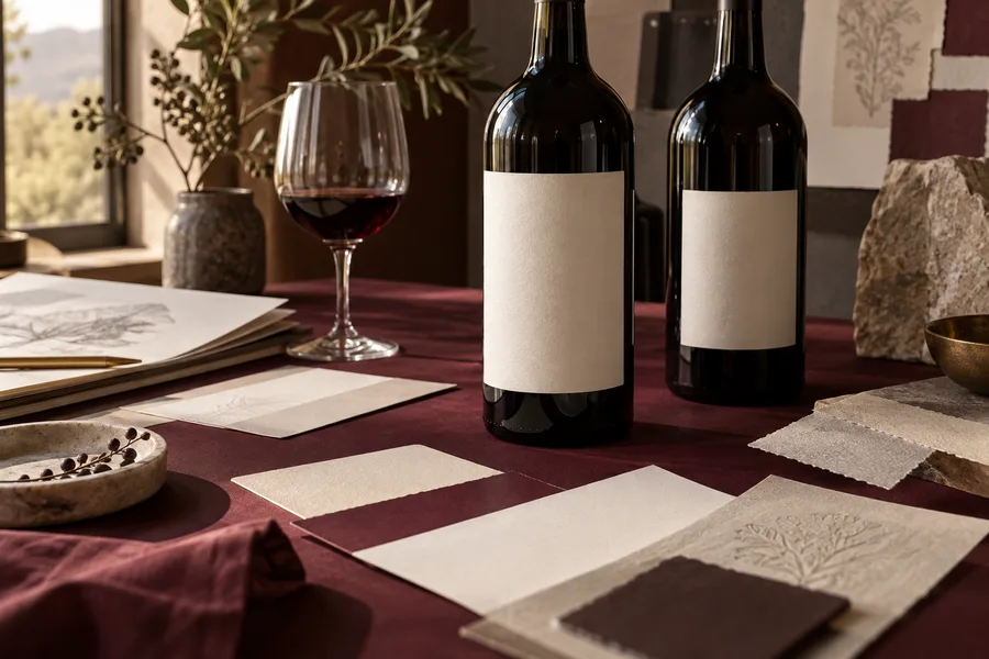 Illustrative custom wine labels and wine gift packaging scene